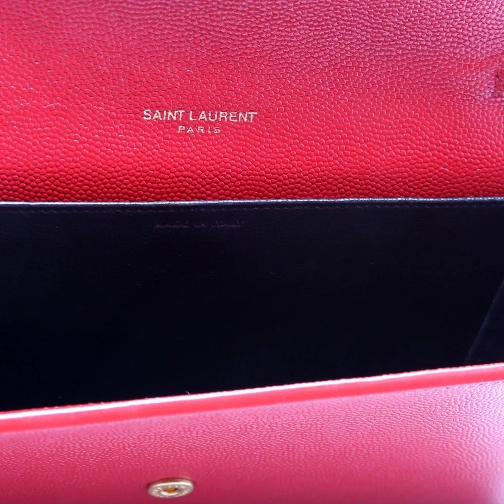 Saint Laurent Uptown Chain Wallet Red Grain De Poudre WOC + Card Holder Gold HW
